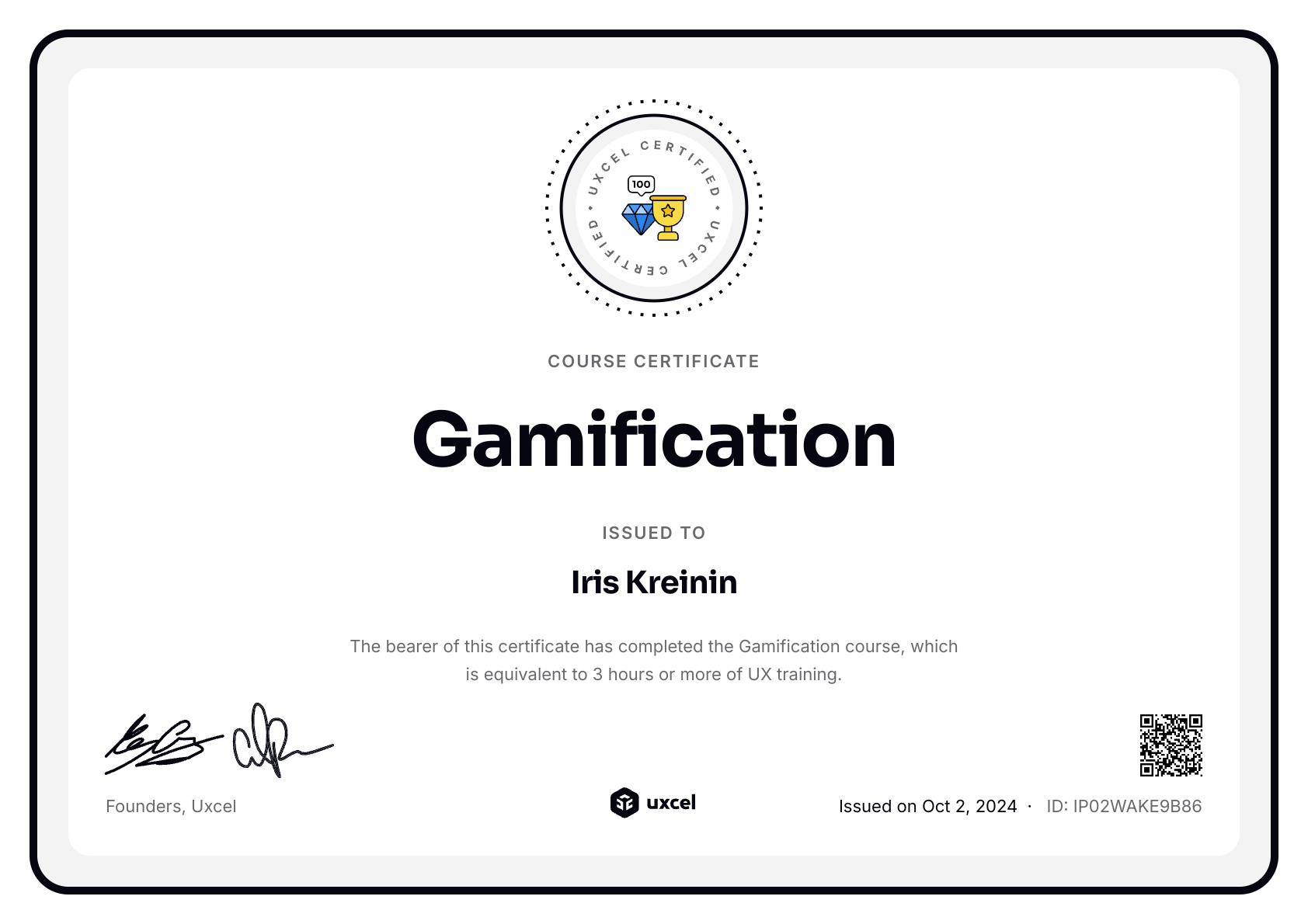 Iris Kreinin's certificate